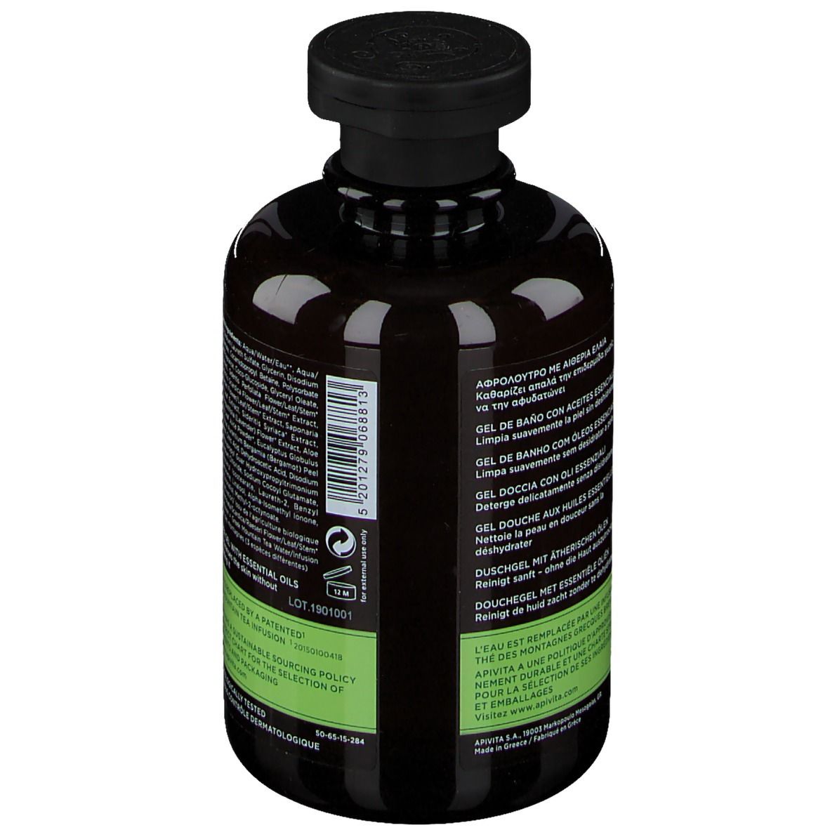 Retro di un flacone marrone con tappo nero. Testi multilingue sulle etichette. Informazioni sugli ingredienti e l'origine.