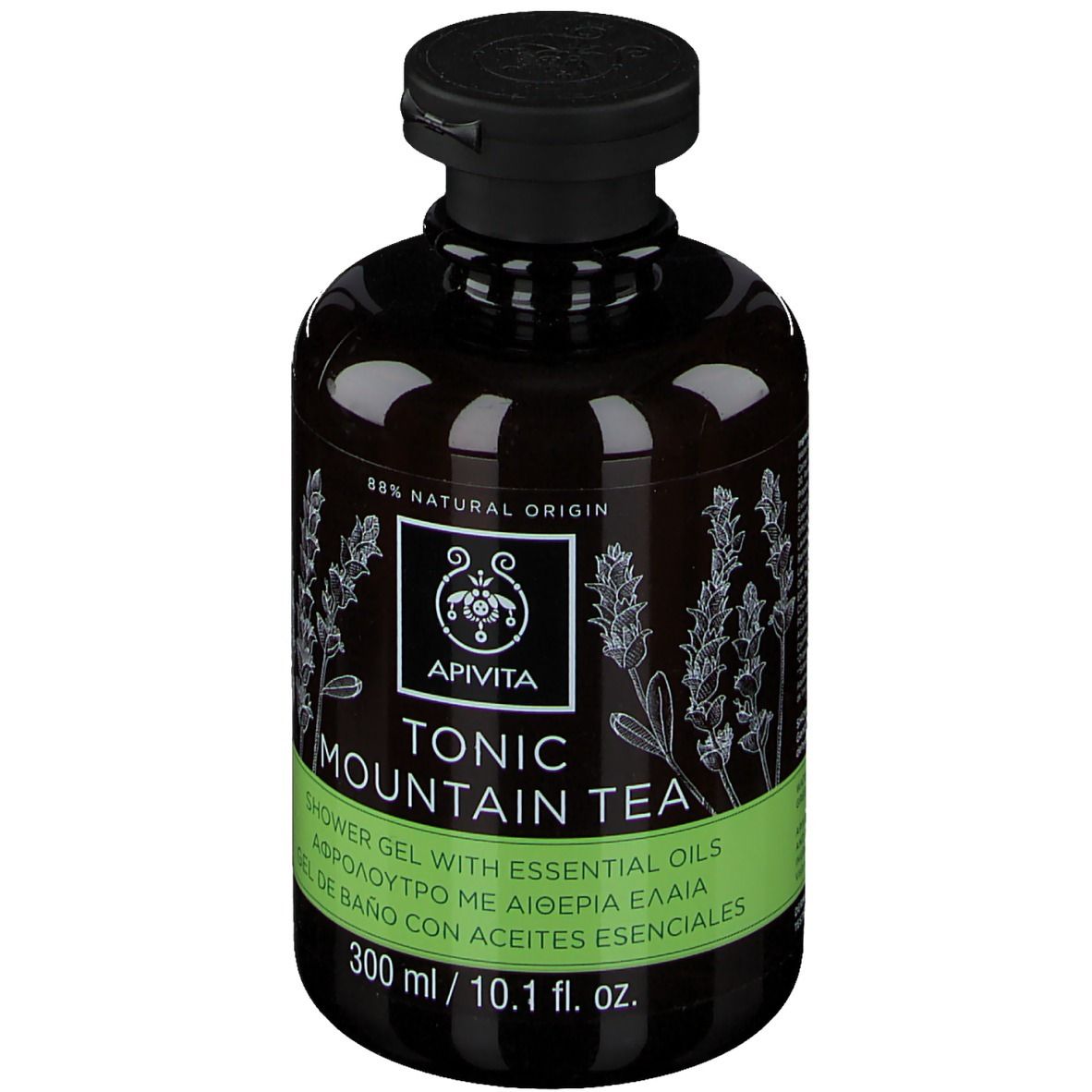 Flacone marrone con tappo nero. Scritta Apivita Tonic Mountain Tea. Etichette verdi e bianche. 88% origine naturale.