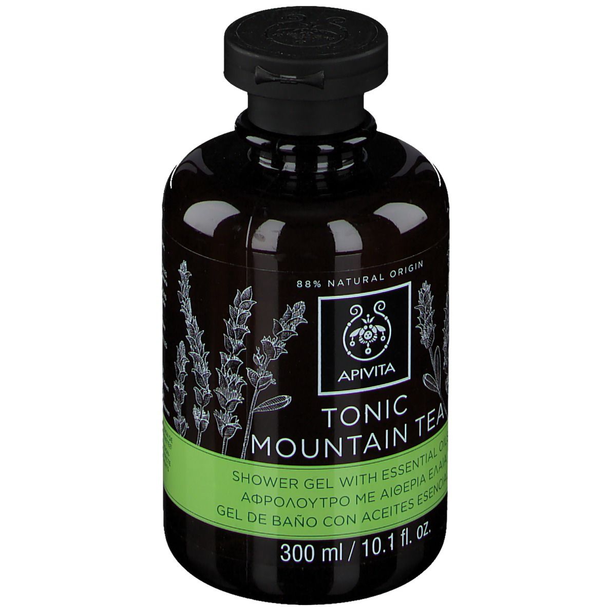 Flacone marrone con tappo nero. Scritta Apivita Tonic Mountain Tea. Etichette verdi e bianche. 88% origine naturale.
