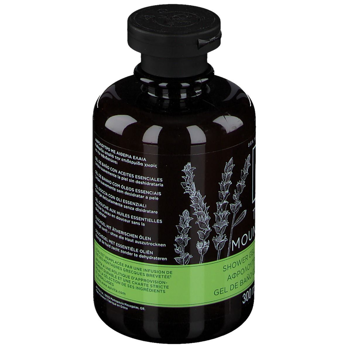 Retro di un flacone marrone con tappo nero. Testi multilingue sulle etichette. Informazioni sugli ingredienti e l'origine.