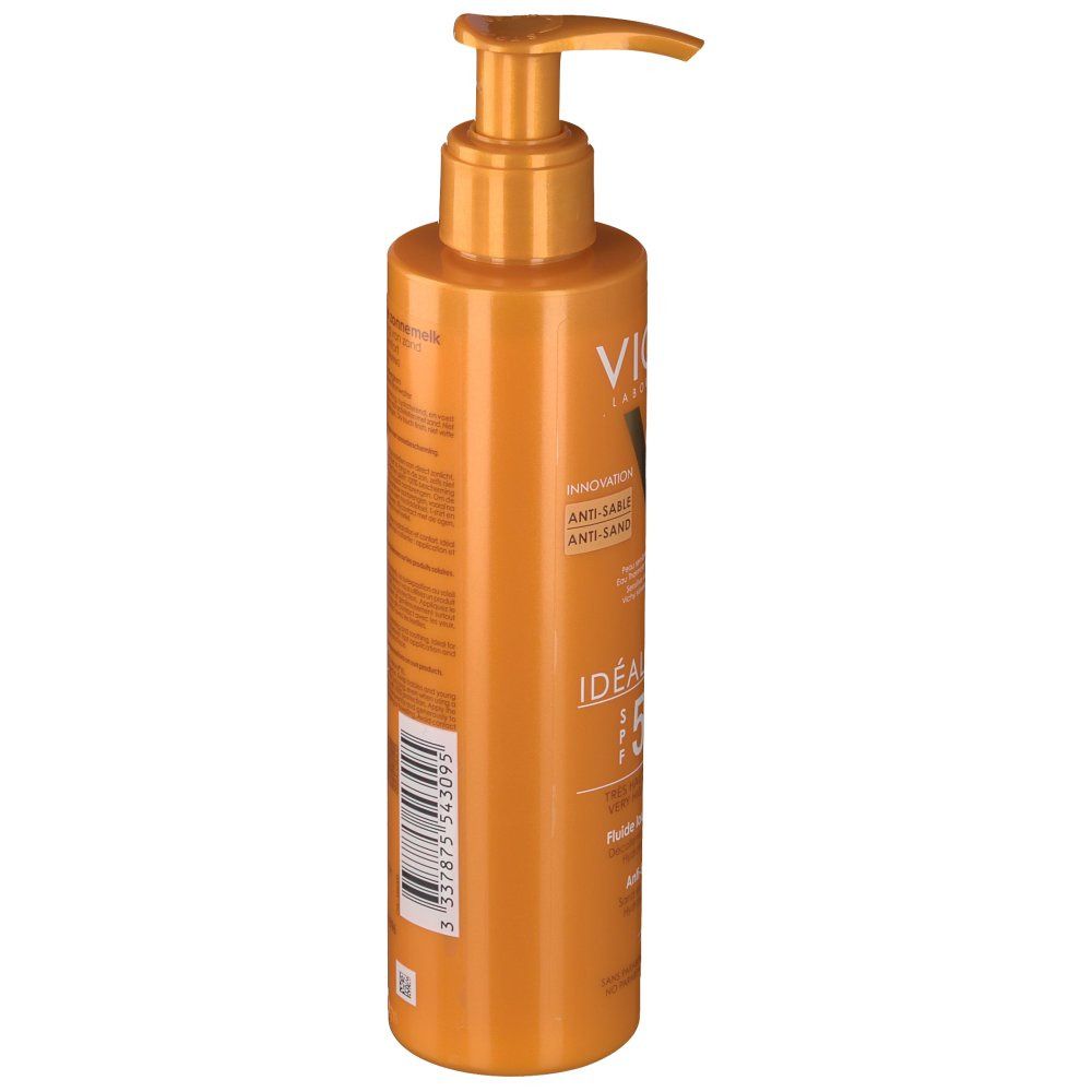 Flacone arancione con dosatore. Scritte: VICHY, Idéal Soleil, SPF 50+.