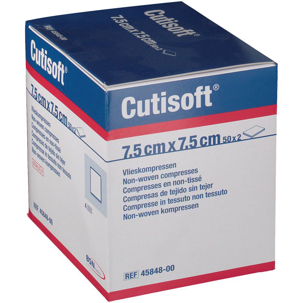 Confezione blu e bianca 'Cutisoft'. Compresse 7,5 cm x 7,5 cm. Tessuto non tessuto. BSN Medical. Sterili.