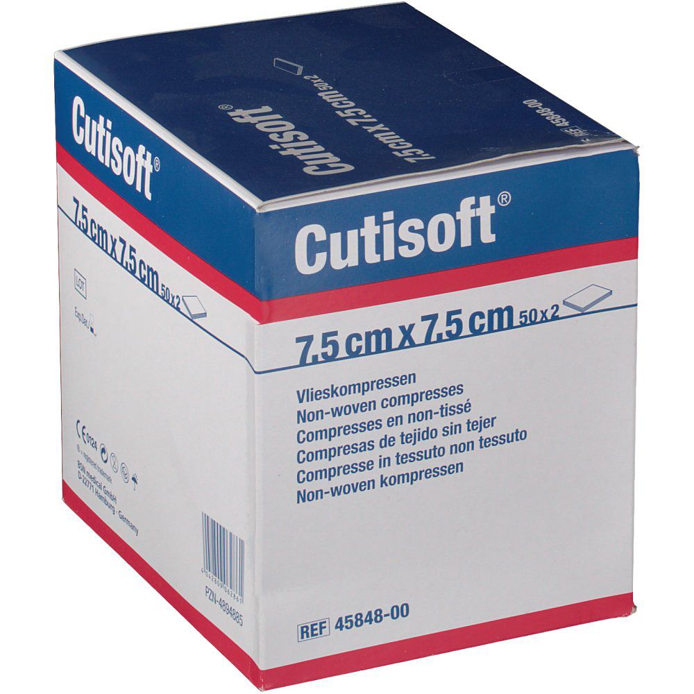 Confezione blu e bianca 'Cutisoft'. Compresse 7,5 cm x 7,5 cm. Tessuto non tessuto. BSN Medical. Sterili.