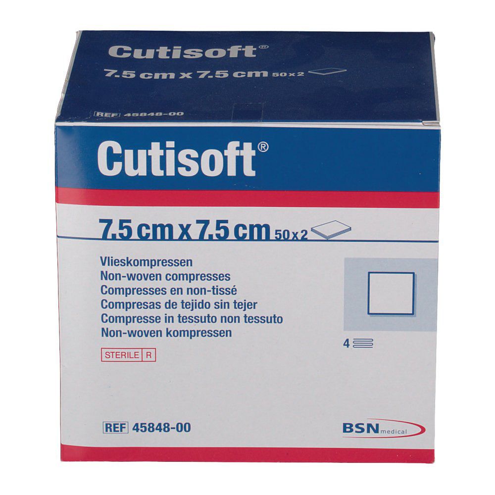Confezione 'Cutisoft'. Compresse 7,5 cm x 7,5 cm. Tessuto non tessuto. BSN Medical. Sterili.