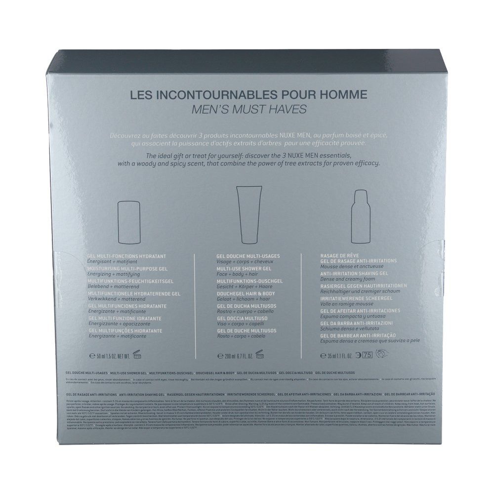 Retro della confezione regalo. Testo multilingue. Illustrazioni dei prodotti inclusi. Logo e nomi dei prodotti.