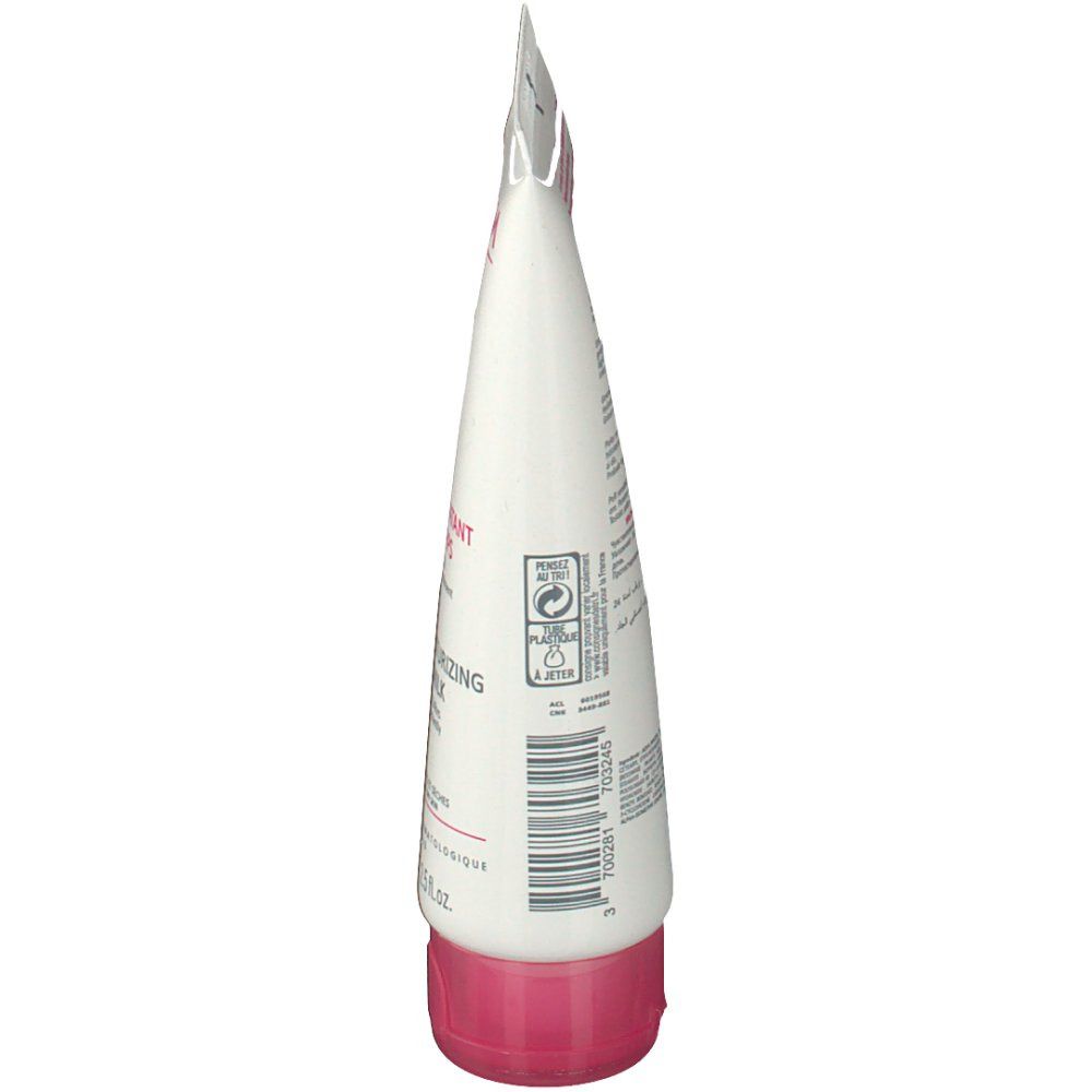 Tubo bianco, vista laterale. Tappo rosa. Testo e simboli. Simbolo di riciclaggio.