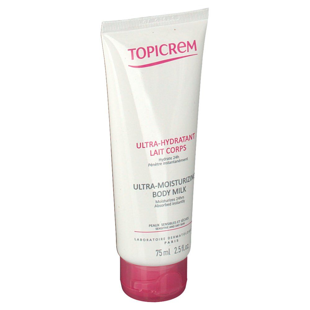 Tubo bianco-rosa. Testo: TOPICREM, Ultra-Hydratant Lait Corps, Ultra-Moisturizing Body Milk. 75ml.