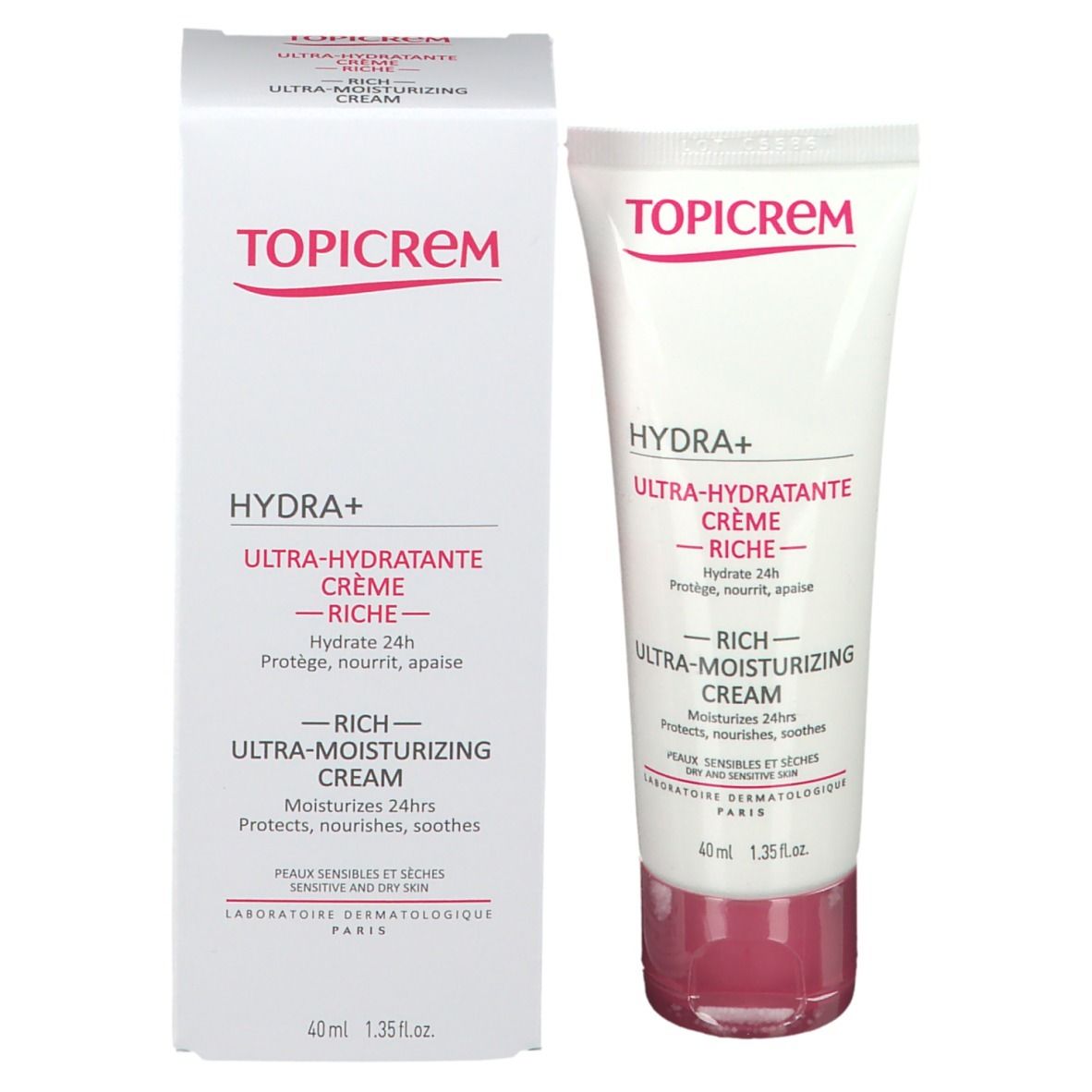 Confezione e tubo. Confezione bianca con testo rosso. Tubo bianco con testo rosso. Marchio TOPICREM.