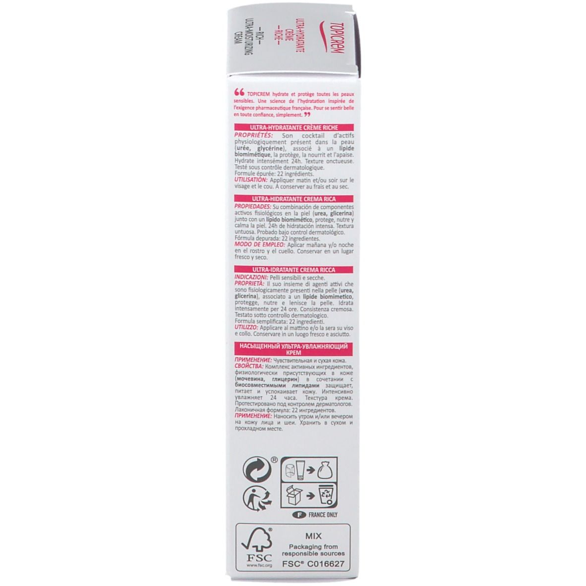 Confezione. Testo multilingue. Certificazione FSC. Marchio TOPICREM.