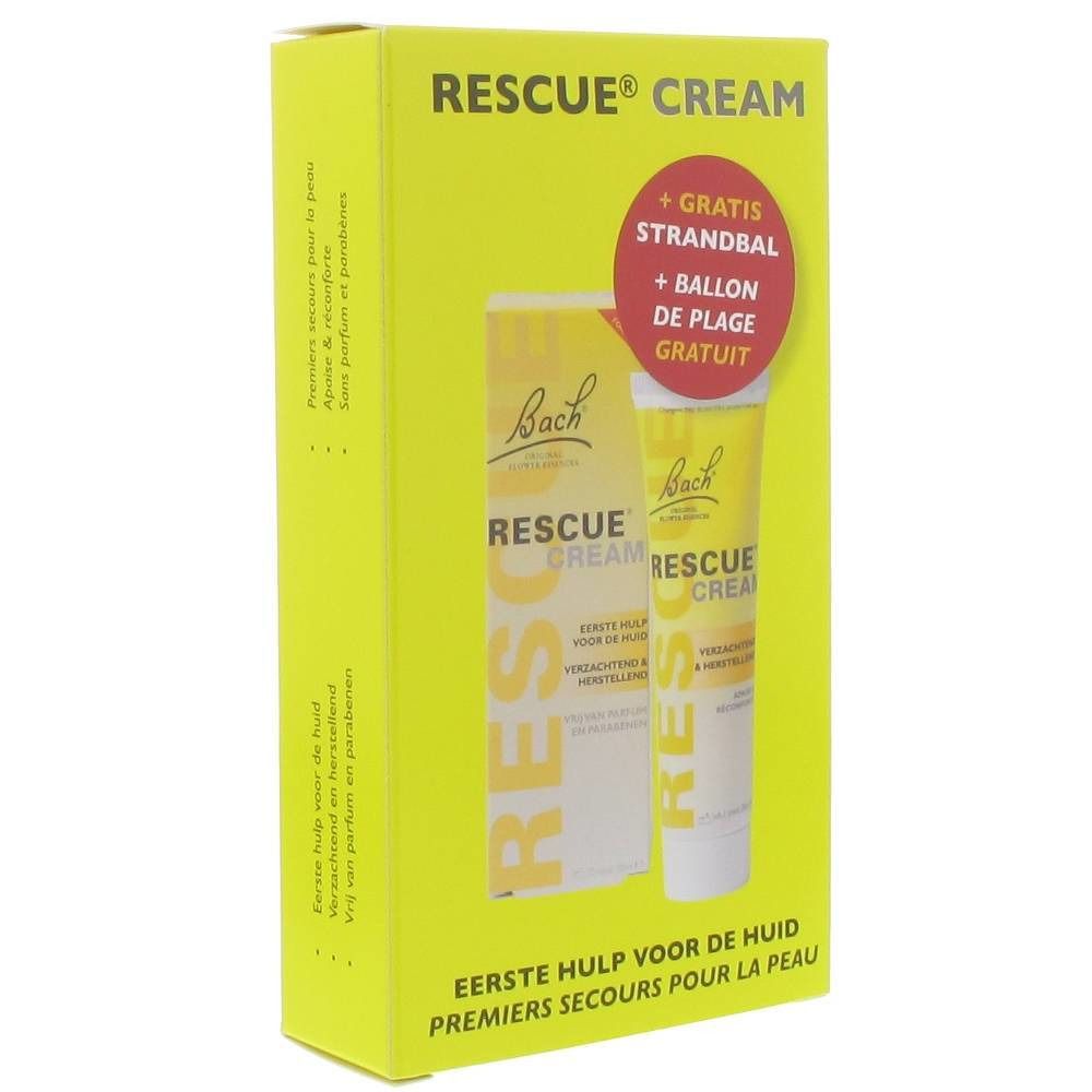 Confezione gialla con tubo di crema. Scritta RESCUE® CREAM e logo Bach. Include pallone da spiaggia.