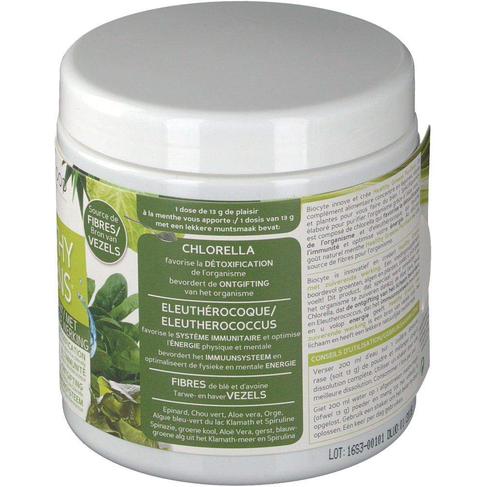 Retro del barattolo bianco. Etichetta con informazioni sul prodotto, tra cui "Chlorella" e "Eleutherococcus".