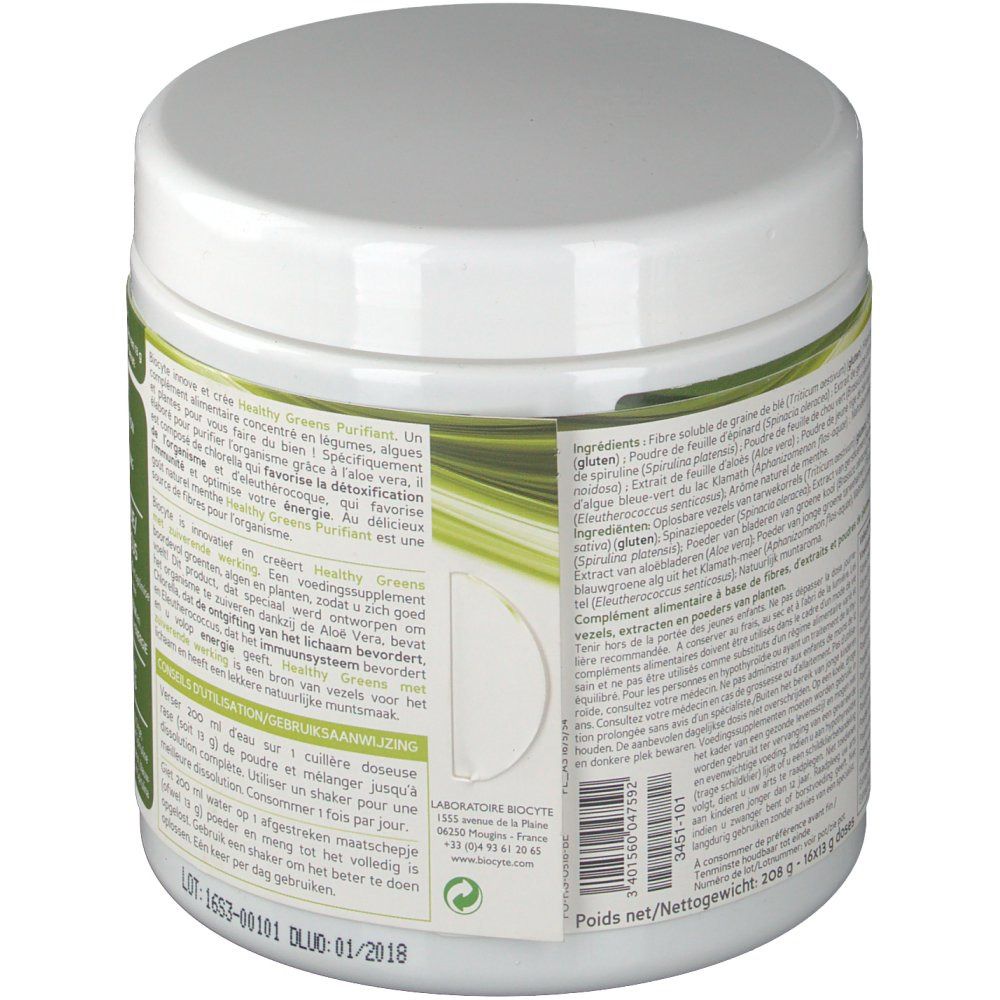 Vista obliqua del barattolo bianco. Etichetta con ingredienti e informazioni nutrizionali. Marchio "Biocyte" visibile.