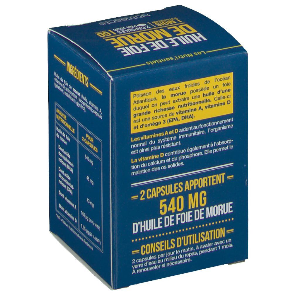 Retro scatola blu. Testo su ingredienti e analisi nutrizionale. Marca: Nutrisanté. Contiene 2 capsule.