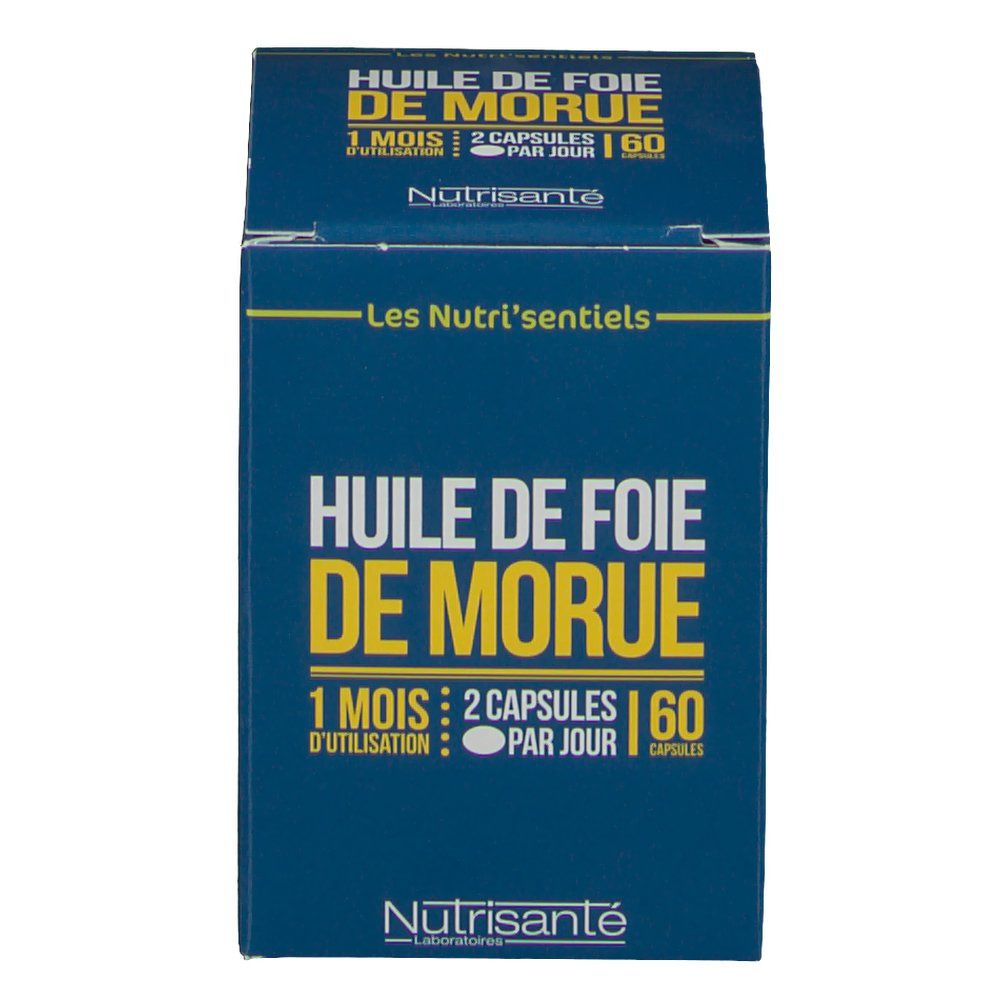 Scatola blu con testo giallo. Visibile "Huile de Foie de Morue" e "Nutrisanté". Contiene 60 capsule.