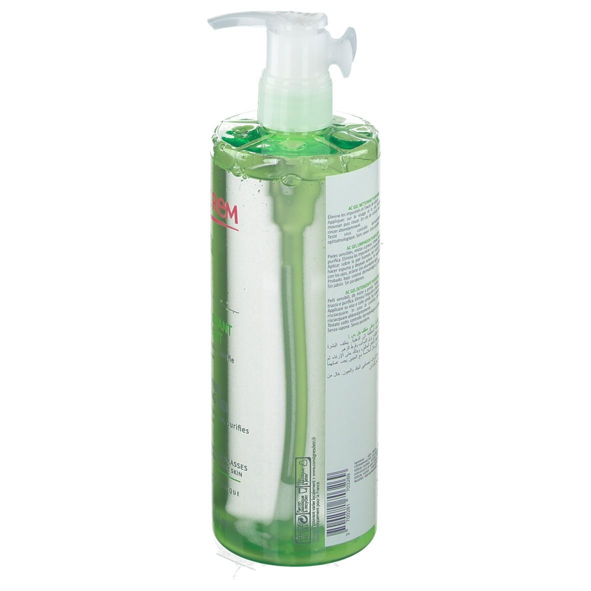 Flacone verde con pompa. Retro con testo. Informazioni sul prodotto e ingredienti. Liquido trasparente visibile.