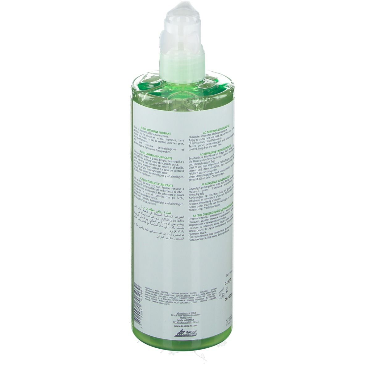 Flacone verde con pompa. Retro con testo. Informazioni sul prodotto e ingredienti. Liquido trasparente visibile.