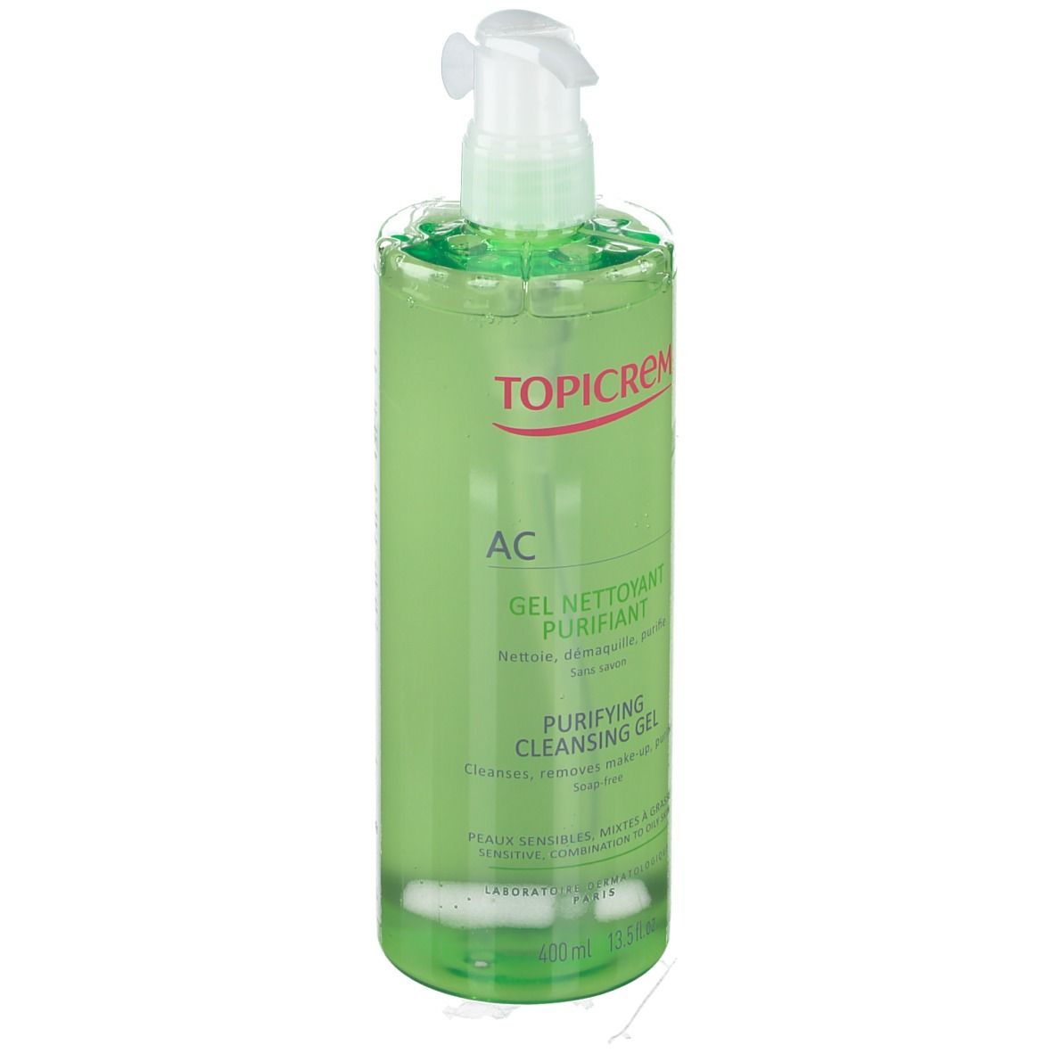 Flacone verde con pompa. Scritta TOPICREM, AC, Gel Nettoyant Purifiant, Purifying Cleansing Gel. Per pelli sensibili, miste.