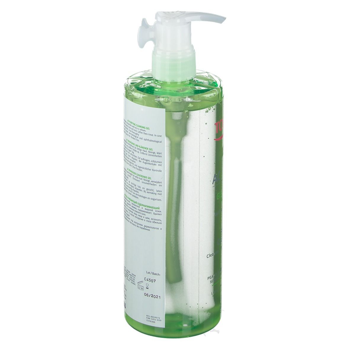 Flacone verde con pompa. Retro con testo. Informazioni sul prodotto e ingredienti. Liquido trasparente visibile.