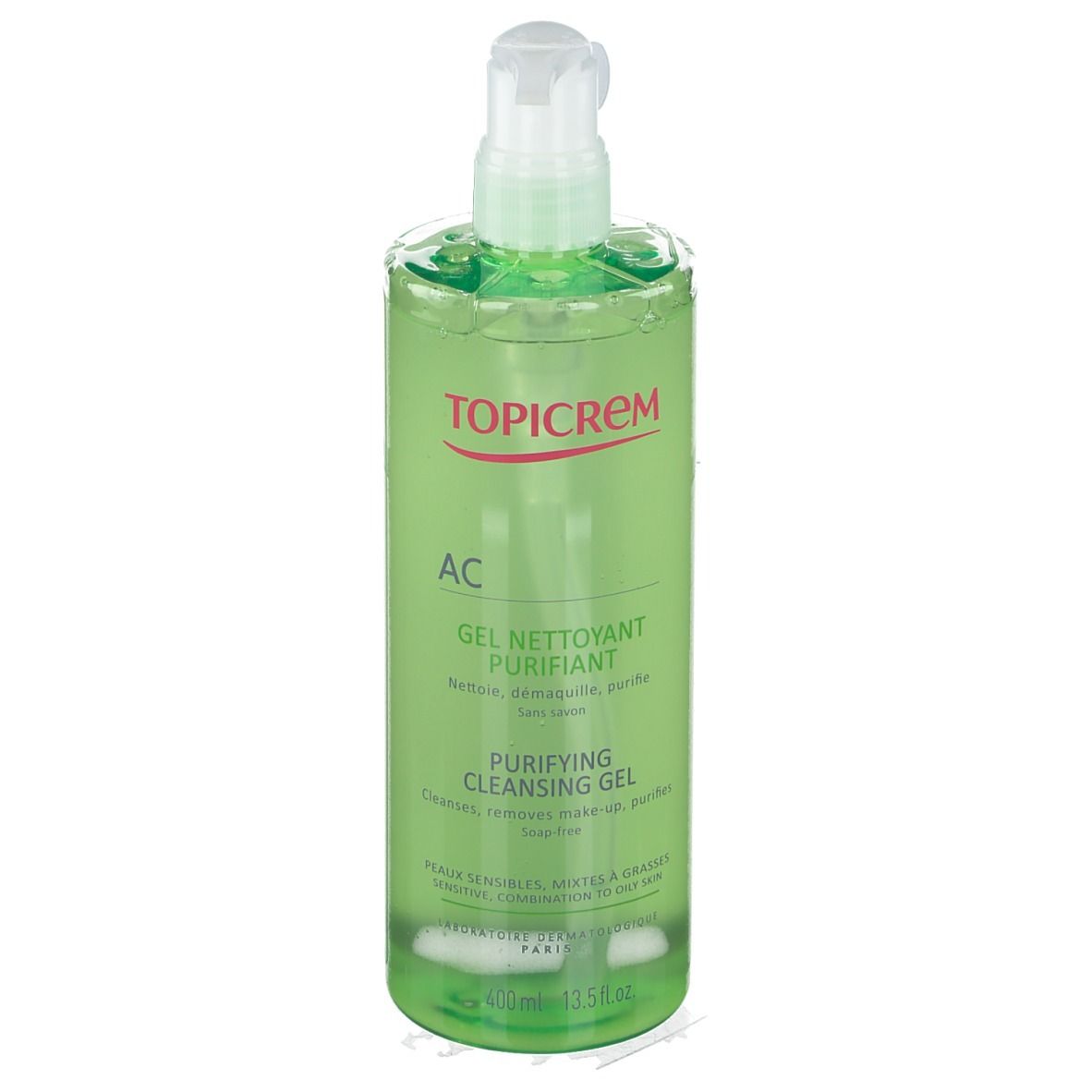 Flacone verde con pompa. Scritta TOPICREM, AC, Gel Nettoyant Purifiant, Purifying Cleansing Gel. Per pelli sensibili, miste.