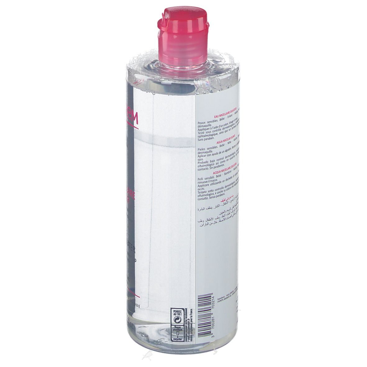 Flacone trasparente, tappo rosa. Etichetta con testo multilingue. Prodotto per pelli sensibili.