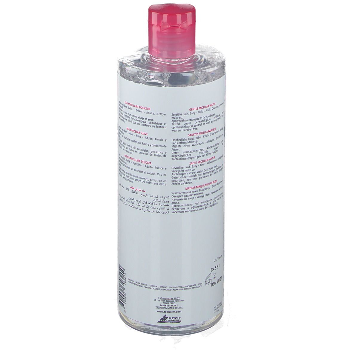 Flacone trasparente, tappo rosa. Etichetta con testo multilingue. Prodotto per pelli sensibili.