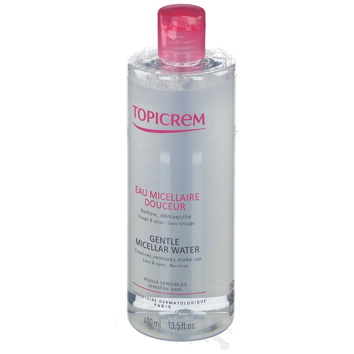 Flacone trasparente, tappo rosa. Scritta TOPICREM, Eau Micellaire Douceur, Gentle Micellar Water. Per pelli sensibili.