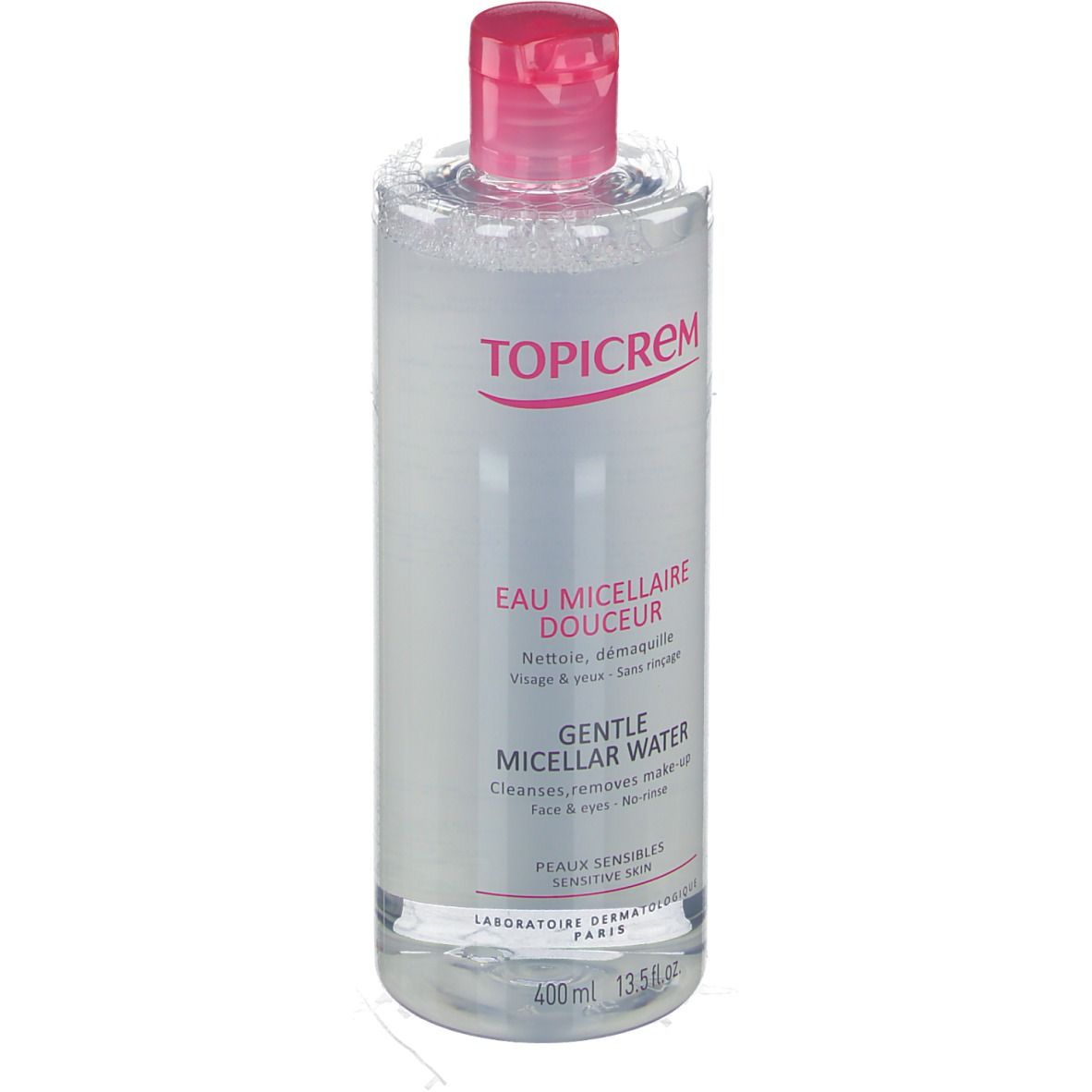Flacone trasparente, tappo rosa. Scritta TOPICREM, Eau Micellaire Douceur, Gentle Micellar Water. Per pelli sensibili.