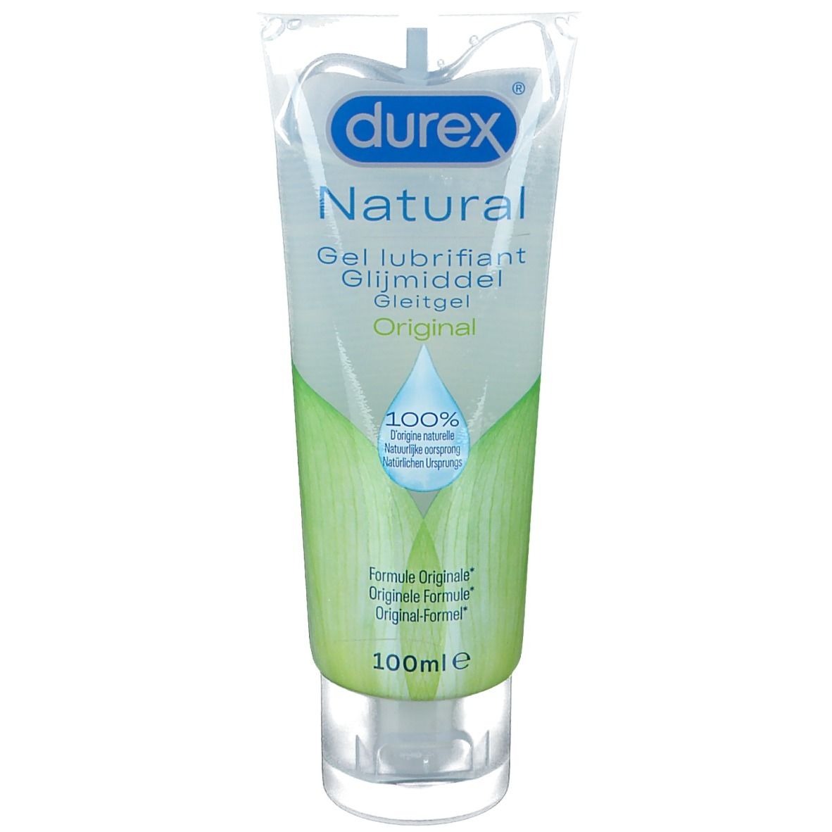 Tubo di gel lubrificante Durex Natural. Tubo trasparente con design verde, gocce e aloe vera. 100ml.