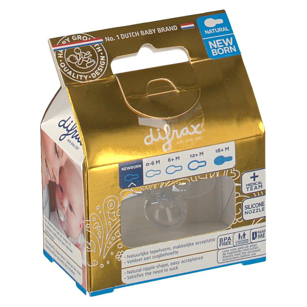 Confezione dorata con un succhietto. Visibile: marchio Difrax, nome del prodotto, 'Natural Newborn'.