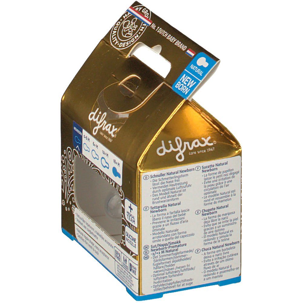 Confezione dorata con un succhietto. Visibile: marchio Difrax, nome del prodotto, 'Natural Newborn'.