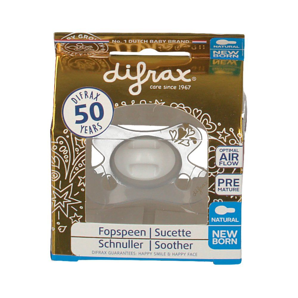 Confezione dorata con un succhietto. Visibile: marchio Difrax, nome del prodotto, 'Natural Newborn'.