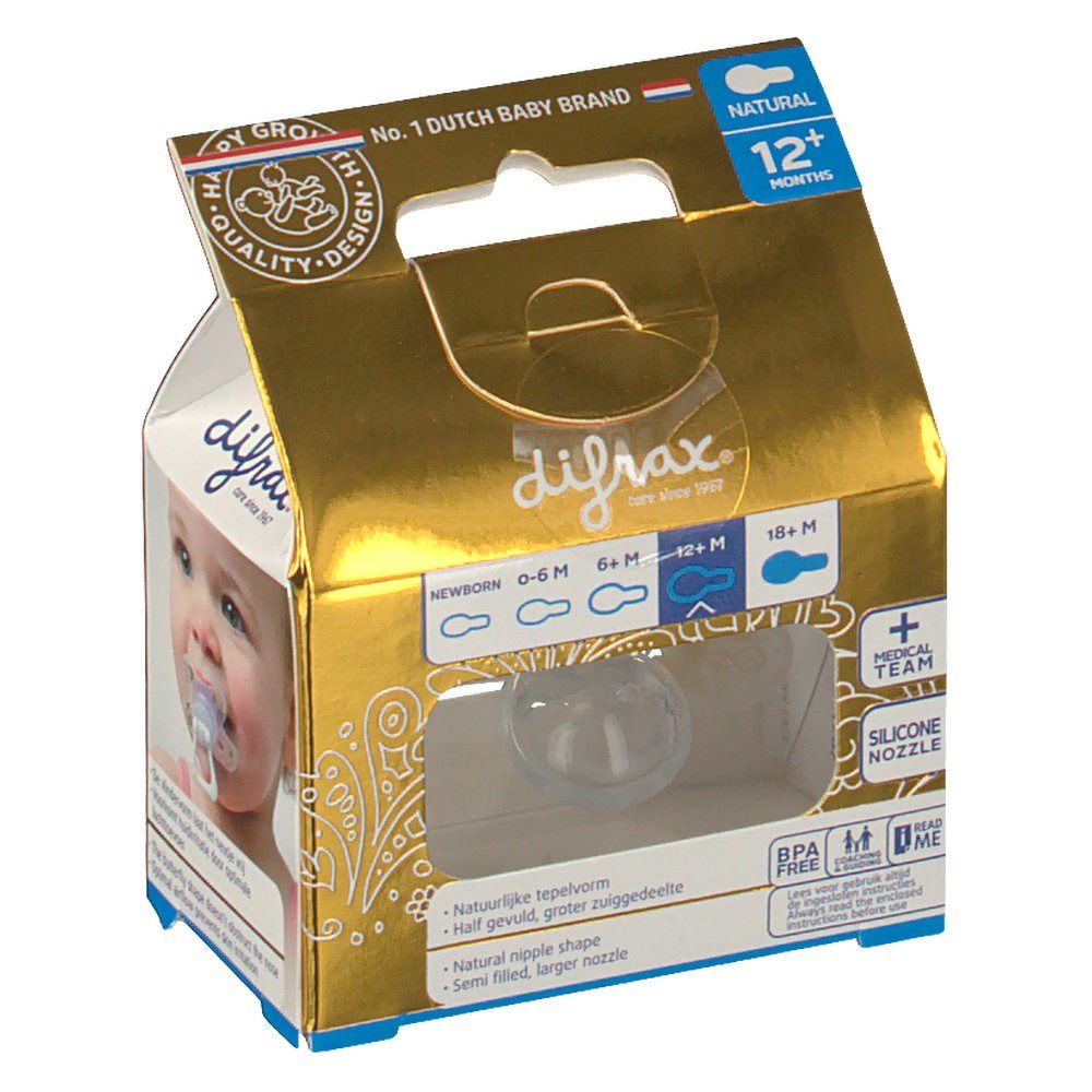 Confezione difrax con tettarella. Finestra mostra la tettarella. Testo: Natural, 12+ mesi. Tettarella in silicone.