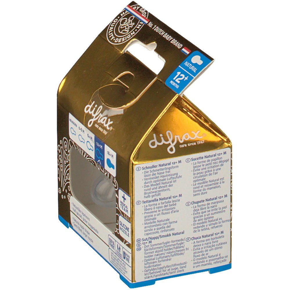 Confezione difrax con tettarella. Finestra mostra la tettarella. Testo: Natural, 12+ mesi. Tettarella in silicone.