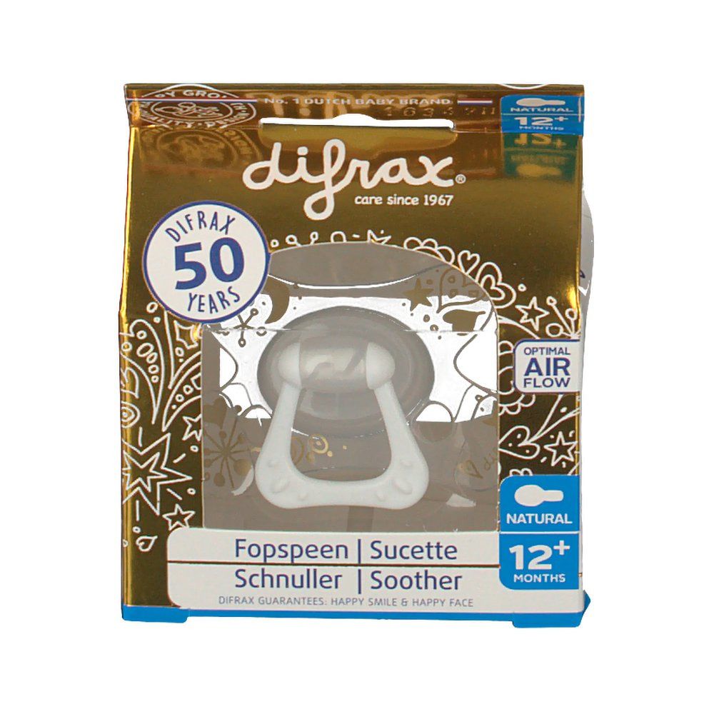 Confezione difrax con tettarella. Finestra mostra la tettarella. Testo: Natural, 12+ mesi. Flusso d'aria ottimale.