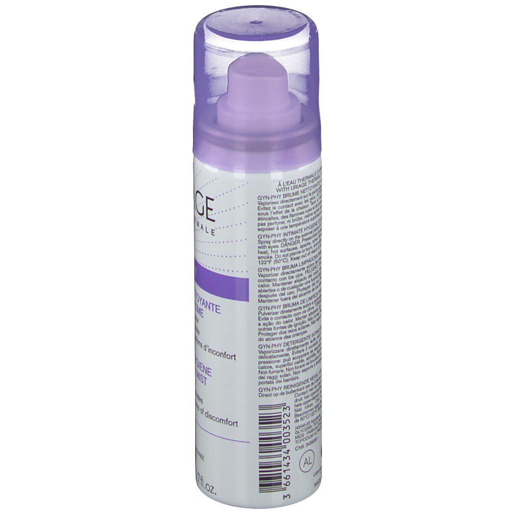 Flacone cilindrico con vaporizzatore. Scritte viola e bianche. Testo: Uriage, Gyn-Phy, Brume Nettoyante. Tappo trasparente.