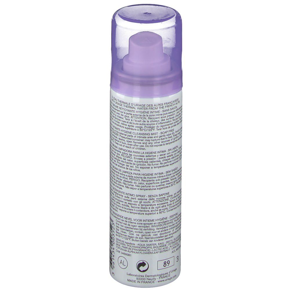 Flacone cilindrico con vaporizzatore. Scritte viola e bianche. Testo: Uriage, Gyn-Phy, Brume Nettoyante. Tappo trasparente.