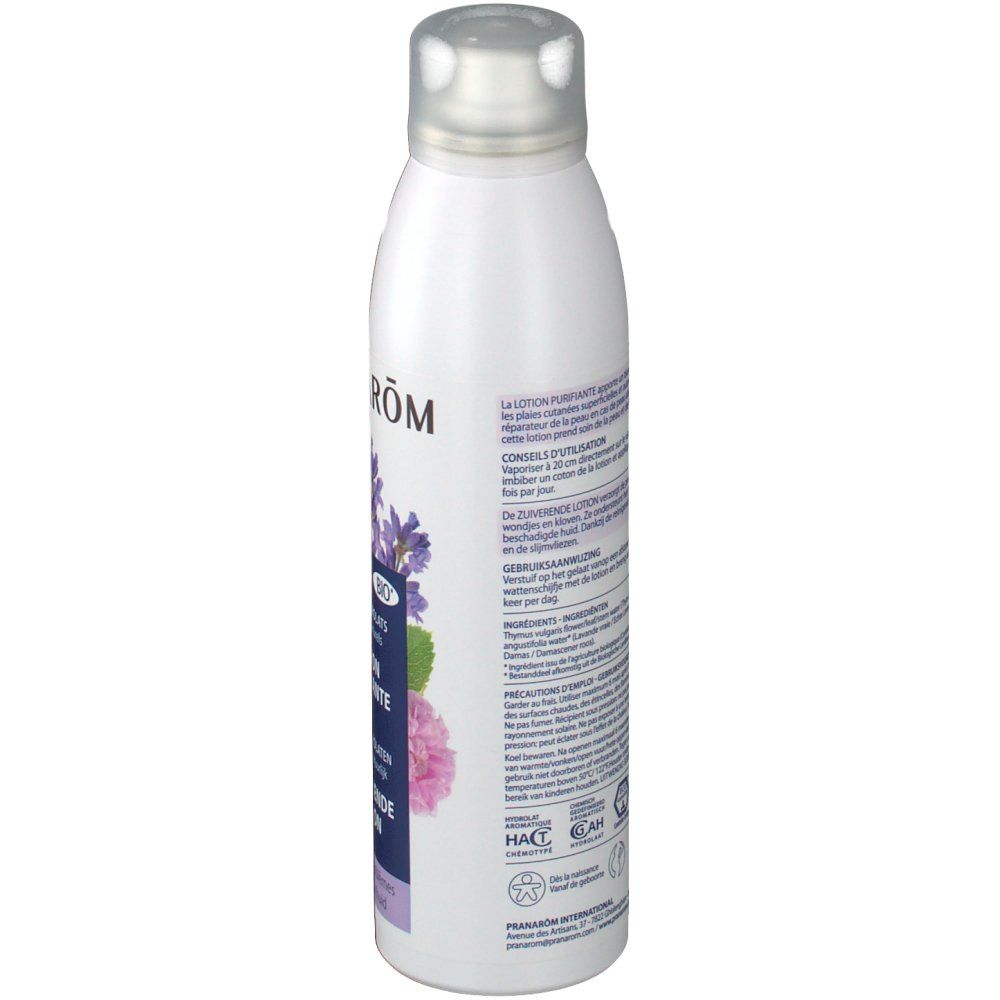 Flacone bianco con tappo argentato. Retro con testo multilingue. Etichetta Bio e altre certificazioni.