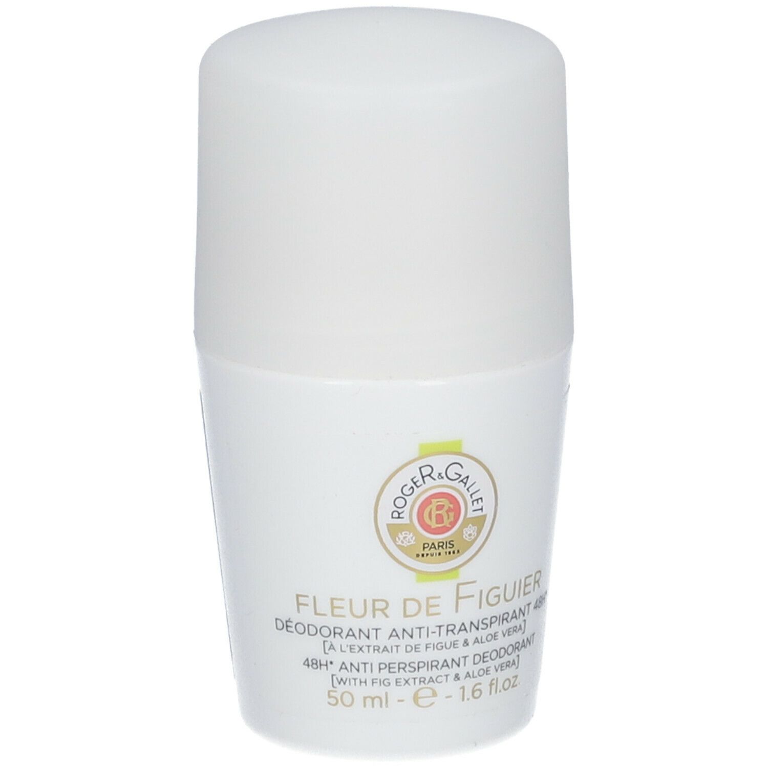 Deodorante roll-on bianco. Scritta: Fleur de Figuier, Roger & Gallet. 48h Anti-Transpirant Déodorant.