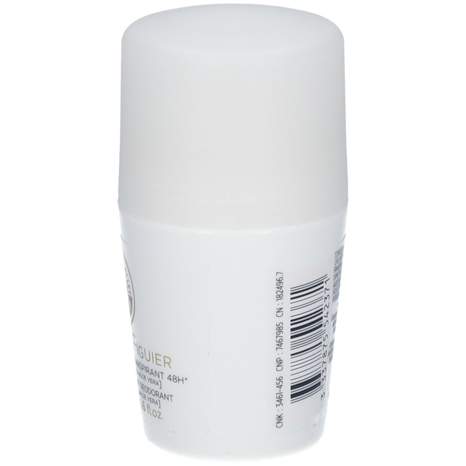Retro del deodorante roll-on bianco. Scritta: Fleur de Figuier, Roger & Gallet. Codice a barre.