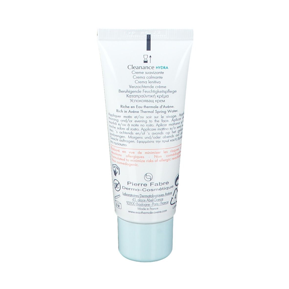Retro del tubo di crema lenitiva Avène Cleanance Hydra con istruzioni e ingredienti.