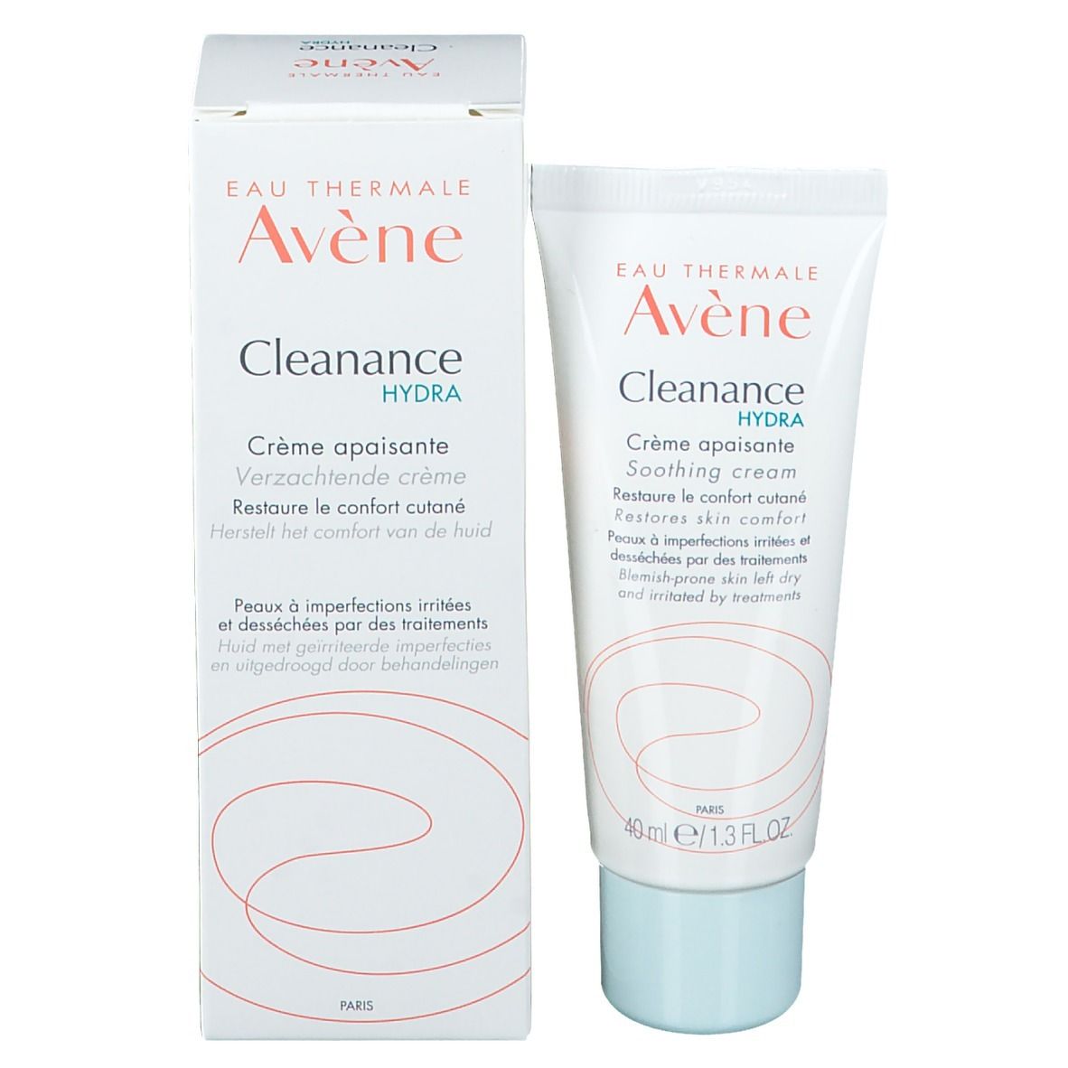 Tubo e scatola di crema lenitiva Avène Cleanance Hydra, informazioni sul prodotto su entrambi.