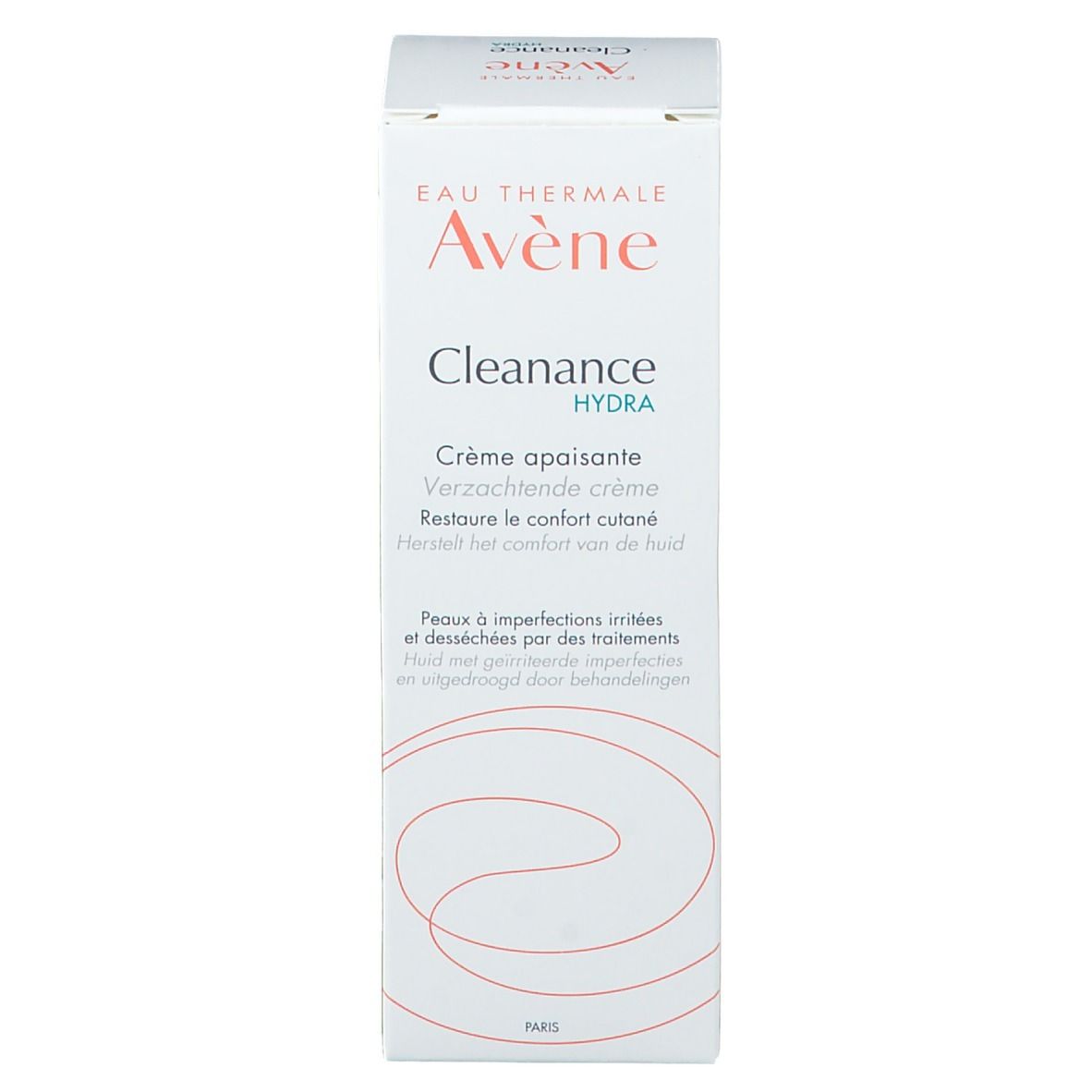 Fronte della scatola di crema lenitiva Avène Cleanance Hydra, nome del prodotto e dettagli.