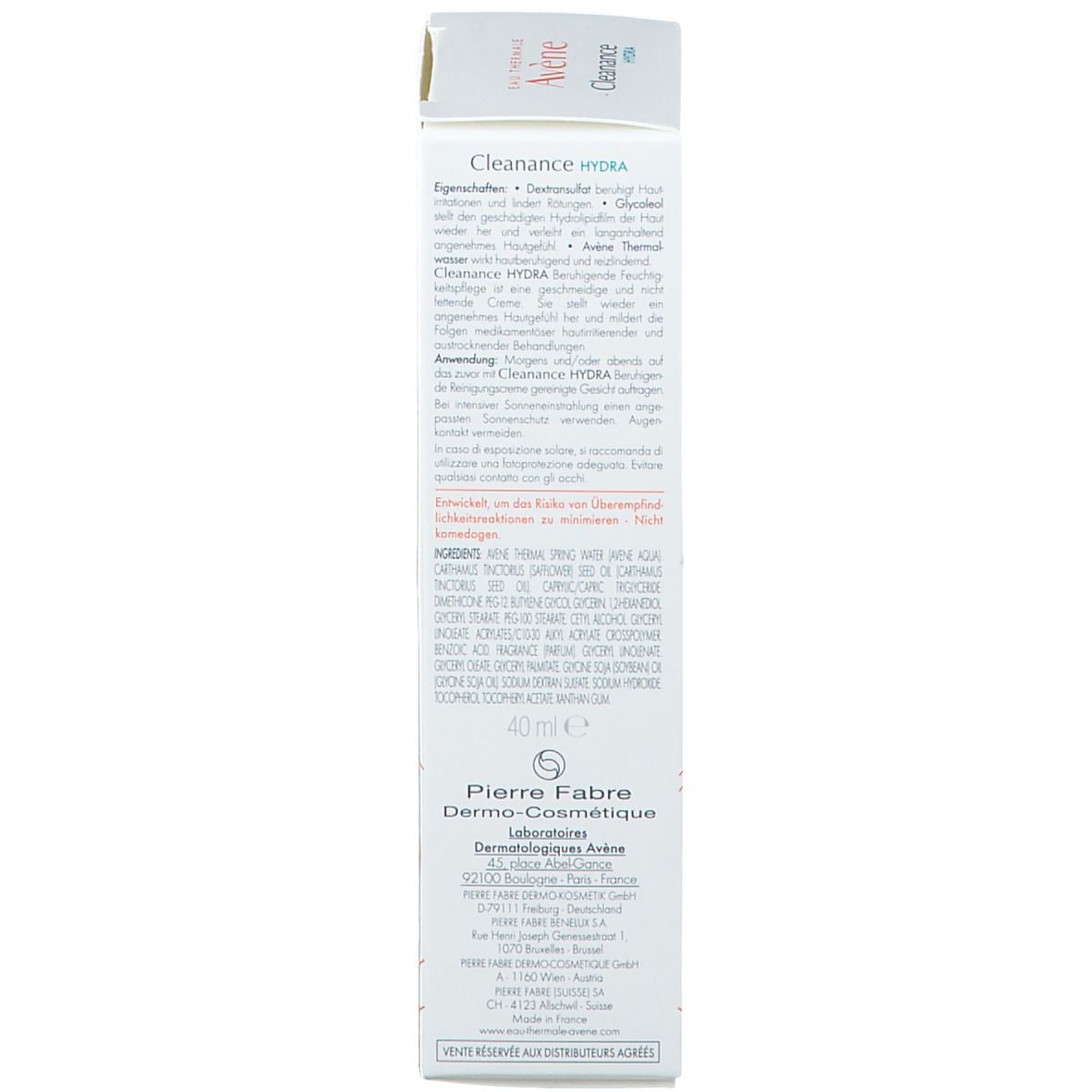 Lato della scatola di crema lenitiva Avène Cleanance Hydra con istruzioni dettagliate.