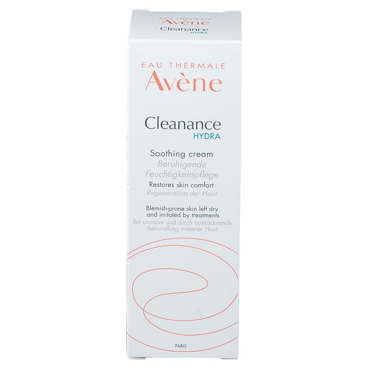 Fronte della scatola di crema lenitiva Avène Cleanance Hydra, descrizione prodotto multilingue.