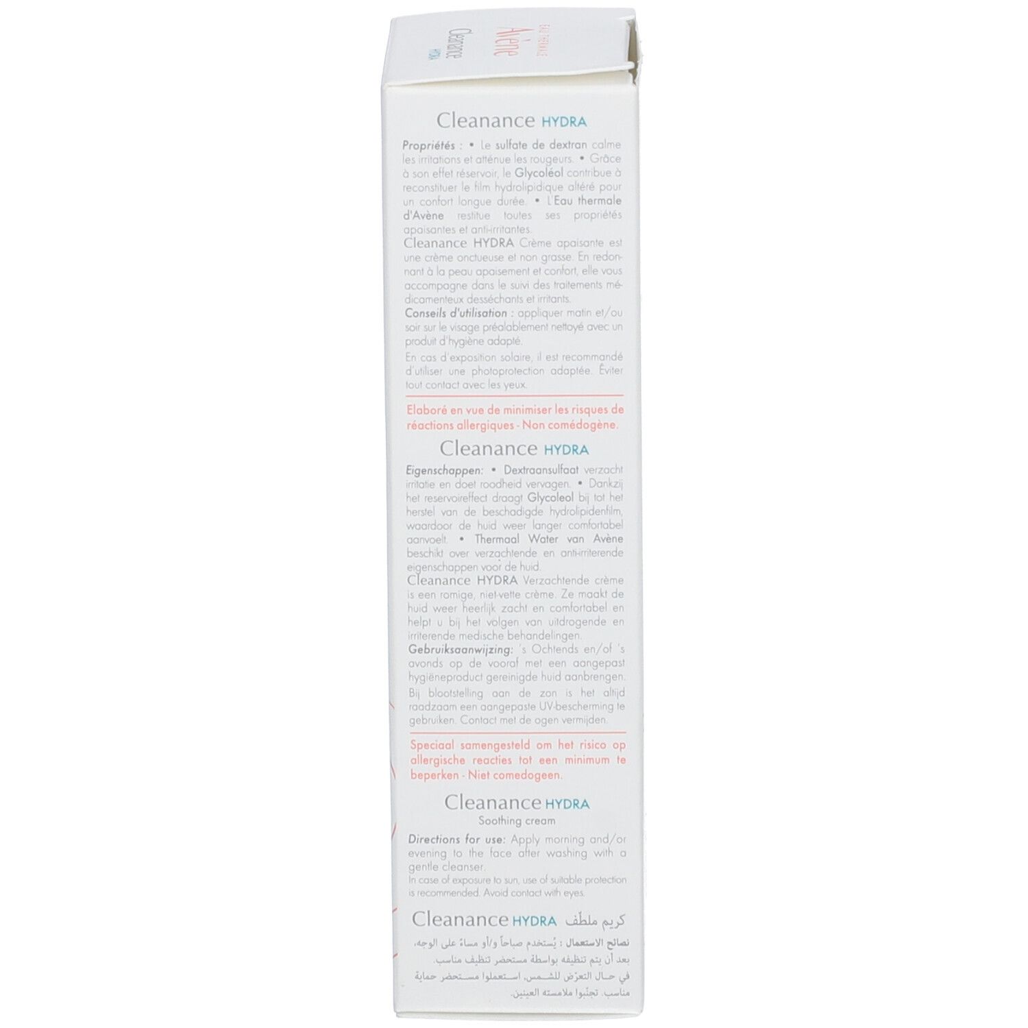 Retro della scatola di crema lenitiva Avène Cleanance Hydra con istruzioni multilingue.