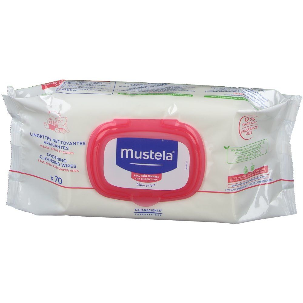 Confezione di salviette Mustela. Coperchio rosa con logo. Contiene 70 salviette. Testo: Lingettes nettoyantes apaisantes. 0% Parfum.