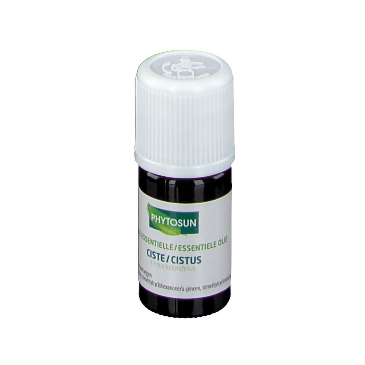 Flacone di vetro marrone con tappo bianco. Etichetta "Phytosun" e "Ciste/Cistus".