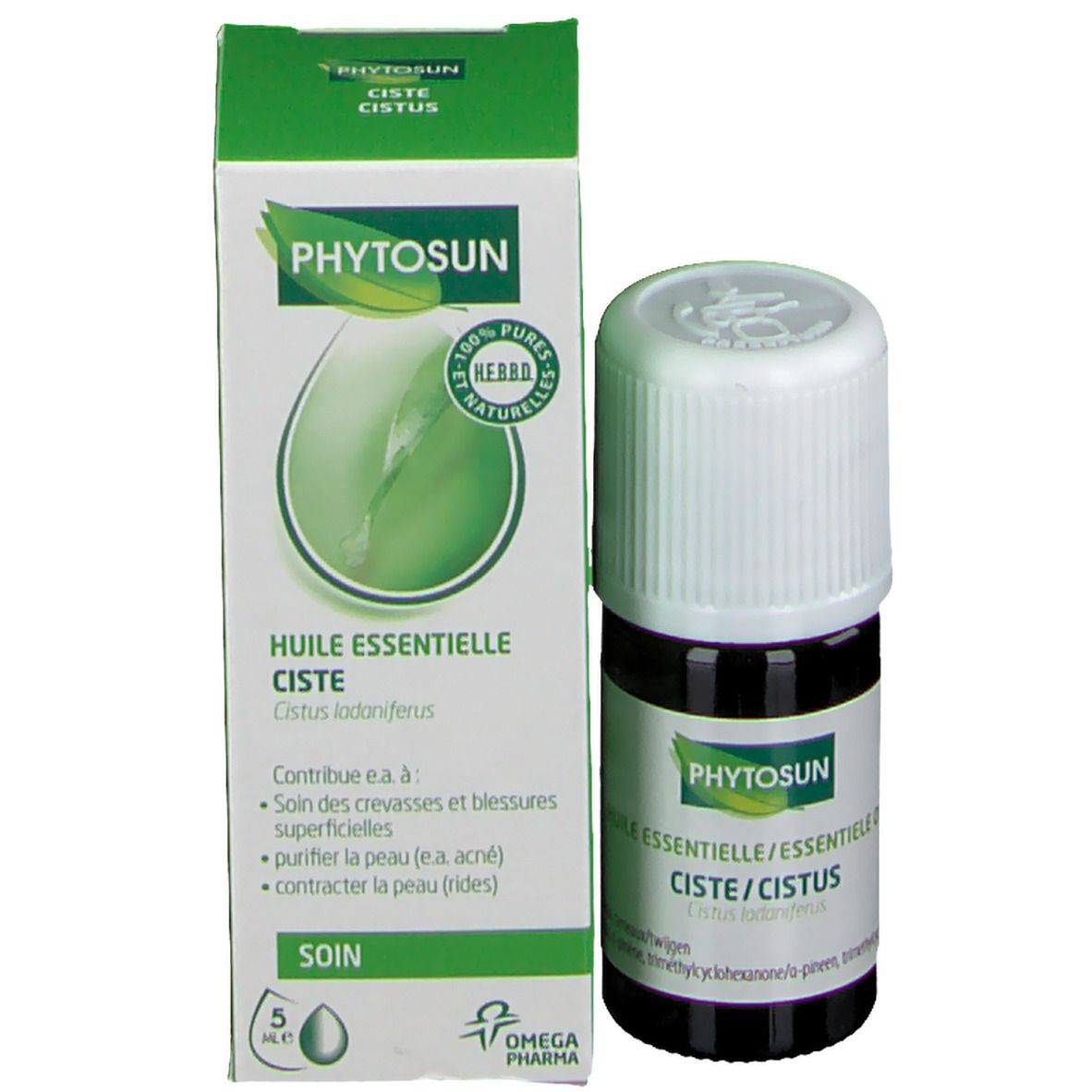 Confezione e flacone. Flacone: vetro marrone, tappo bianco. Confezione: verde, "Phytosun", "Ciste".