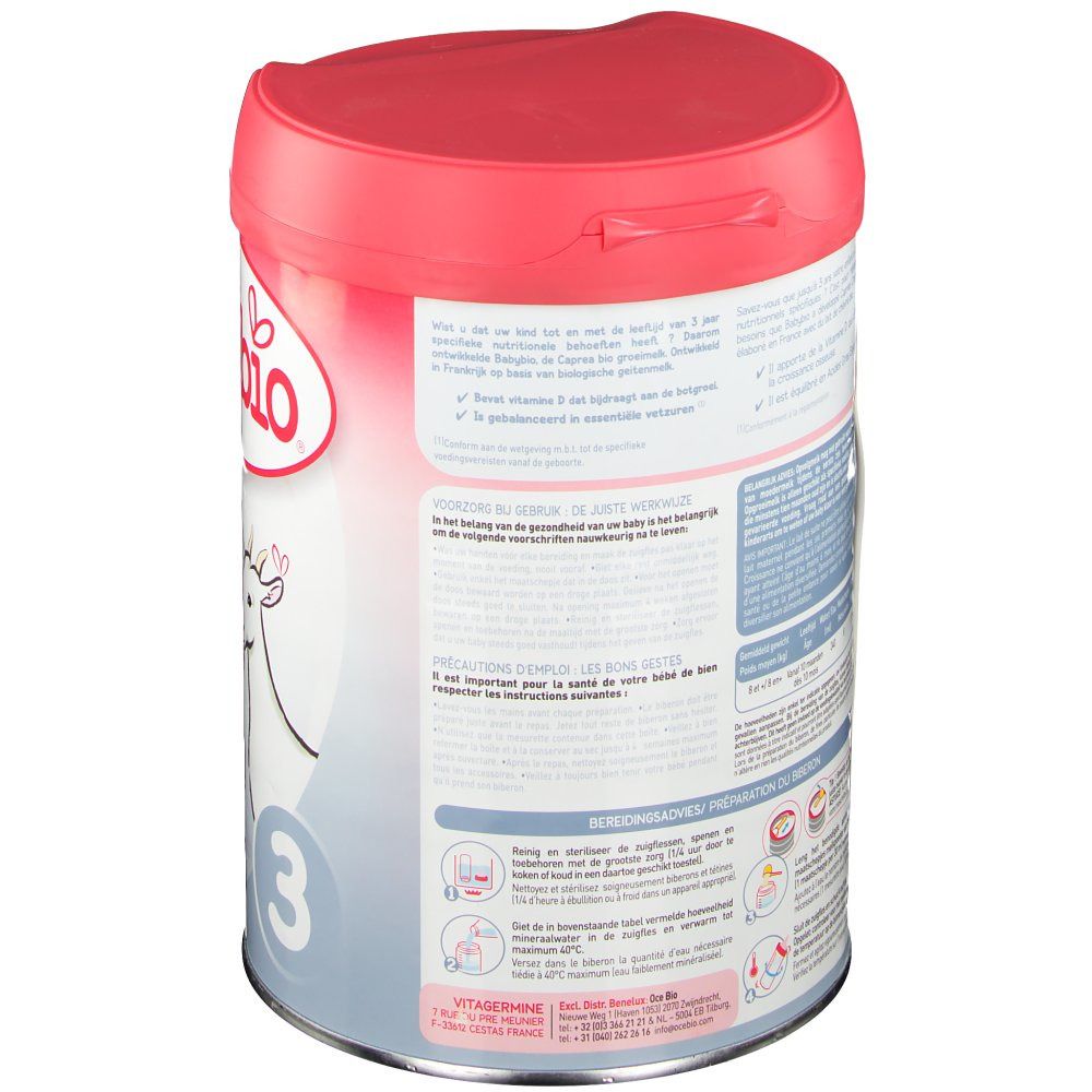 Lattina Babybio latte di proseguimento 3, a base di latte di capra. Coperchio rosso, lattina bianca con testo e illustrazioni. Vista laterale.