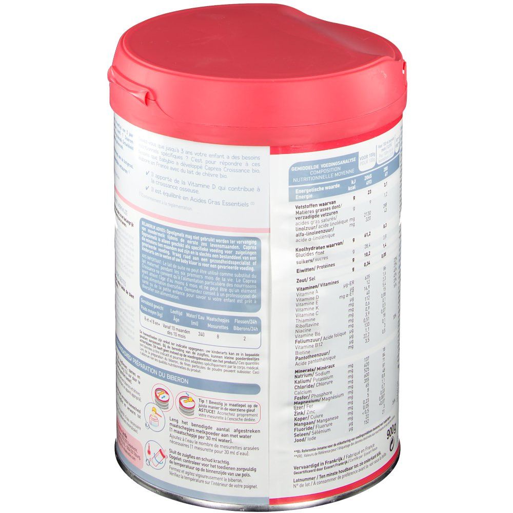 Lattina Babybio latte di proseguimento 3, a base di latte di capra. Coperchio rosso, lattina bianca con testo. Vista posteriore con informazioni nutrizionali.